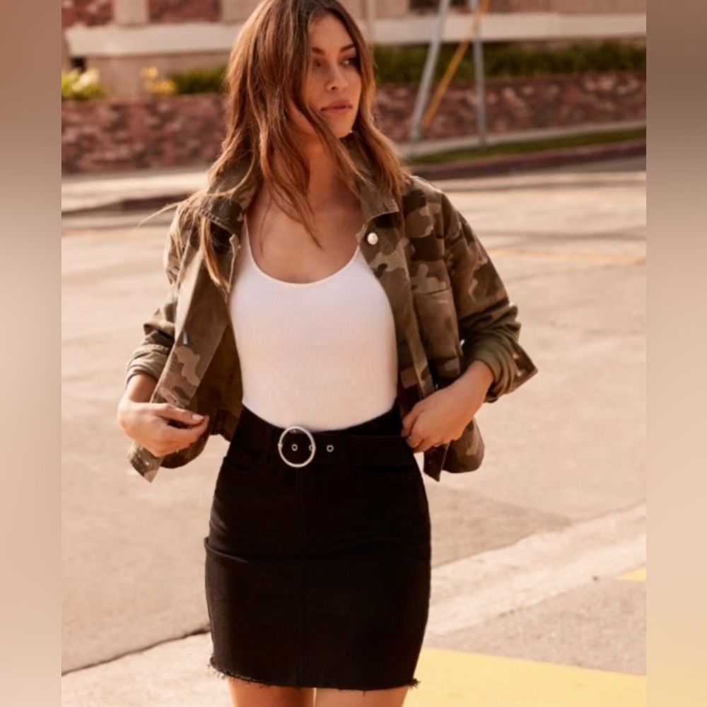 Dynamite Black Denim Jean Mini Skirt with Faux Belt Detail